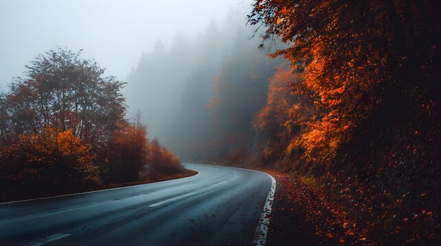 Winding asphalt road through a foggy autumn forest with colorful trees.