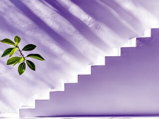 A vibrant green plant with several leaves sprouts from a textured purple wall next to a white staircase. Diagonal shadows from sunlight create a dramatic patter