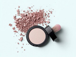A round, black compact of shimmery pink powder lies open next to a pink makeup brush. A pile of crushed pink powder is scattered to the left of the compact on a