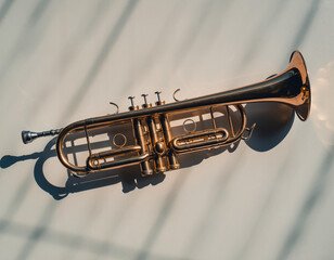 A brass trumpet resting on a flat surface with soft shadows forming gentle lines around it.