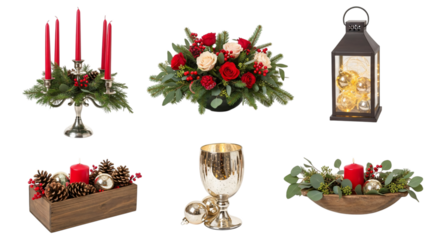 Festive christmas and holiday decorations, including candelabras, floral centerpieces, a lantern, and a golden goblet, isolated on transparent background