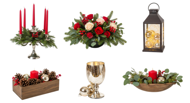 Festive christmas and holiday decorations, including candelabras, floral centerpieces, a lantern, and a golden goblet, isolated on transparent background