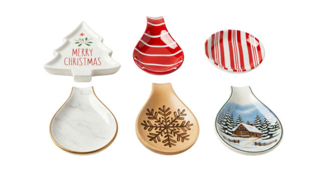 Festive ceramic christmas dishes and trays, featuring holiday designs like red stripes, snowflakes, and a winter cabin, isolated on transparent background