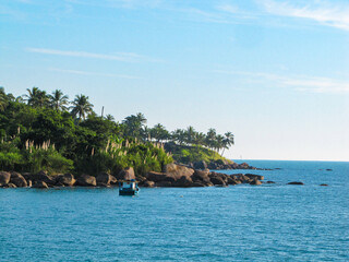 Tropical Beach with Golden Sand and Palm Trees in Ilhabela, Brazil