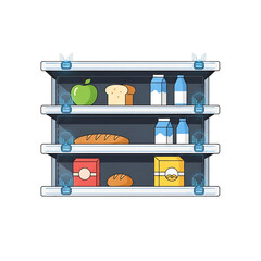 Retail shelves with drinks, bread, and packaged goods.