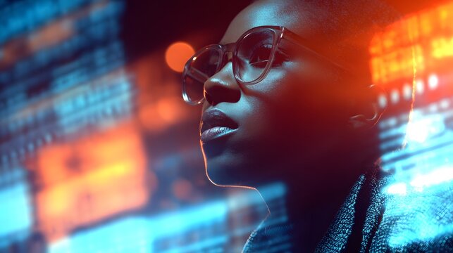 Young African American woman in futuristic glasses with neon light reflections. - Powered by Adobe