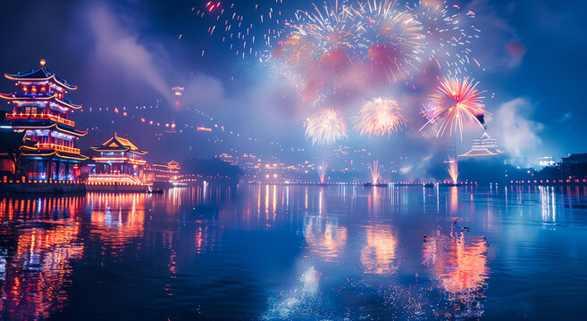 Vibrant fireworks illuminate traditional pagodas along tranquil river at night - Powered by Adobe