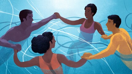 illustration of a colorful team of synchronized swimmers forming a complex geometric pattern in a bright pool. The image conveys teamwork, artistry, and the unique activities within the world 