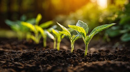 Young green seedlings sprouting in a row from rich soil with warm sunlight.