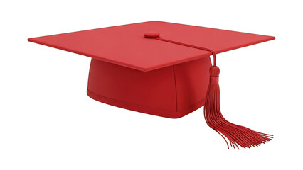 Bright red academic mortarboard cap with tassel displayed against a dark background