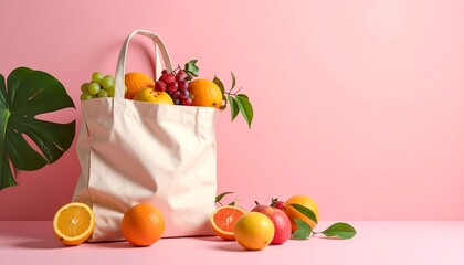 A canvas tote bag overflows with a colorful assortment of fresh fruit, with several pieces of fruit beside it on a pink backdrop
