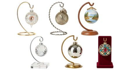 A collection of various festive christmas ornaments displayed on decorative stands, perfect for holiday decor, isolated on transparent background
