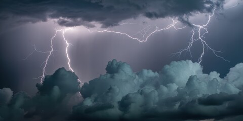 Dramatic sky with lightning strikes illuminating dark storm clouds in a powerful display of nature 100