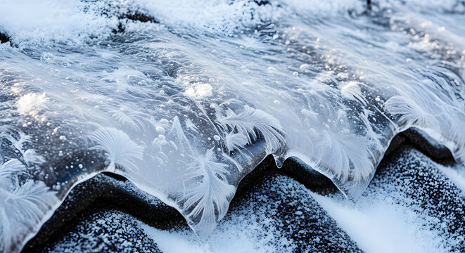 Close-up rooftop ice on metal tiles with snow in winter  