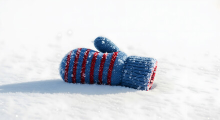 Child’s mitten dropped in snow on white winter background  