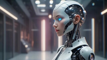 Profile of a humanoid robot with glowing blue eyes in futuristic corridor setting. Advanced AI and robotic technology concept image. - Powered by Adobe