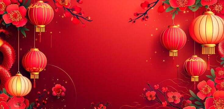 Chinese new year celebration with lanterns and cherry blossoms backdrop