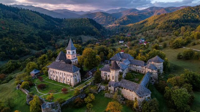 Historic monastery complex, green mountain