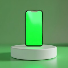 A full screen smartphone emitting a bold green glow placed on a white podium with smooth, curved edges.