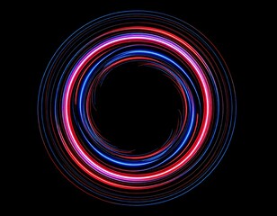 A captivating abstract design featuring concentric, radiant rings of red and blue light swirling against a stark black background