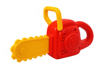 Red and yellow plastic toy chainsaw for children, representing childhood play, safety, and fun activities, isolated on transparent background