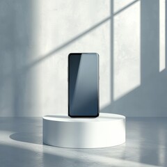 A futuristic bezel-less smartphone resting on a smooth white pedestal in a high-end 4K studio environment.