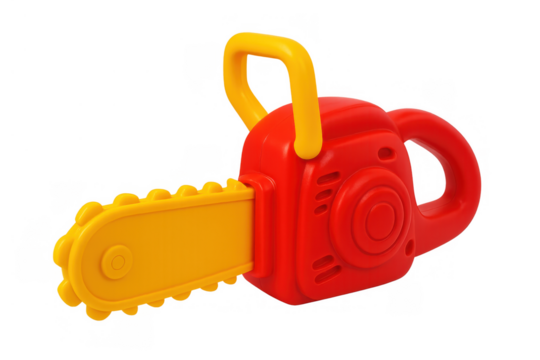 Red and yellow plastic toy chainsaw for children, representing childhood play, safety, and fun activities, isolated on transparent background - Powered by Adobe