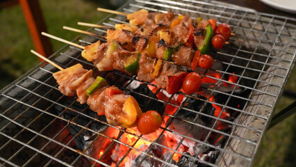 Delicious Grilled Kebabs on a Charcoal BBQ with Fresh Vegetables and Juicy Meat Perfect for Summer Barbecues and Outdoor Gatherings