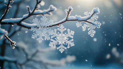 Icy snowflakes hanging on a winter branch during a snow flurry in a cool color palette, crystal sharp details under natural light