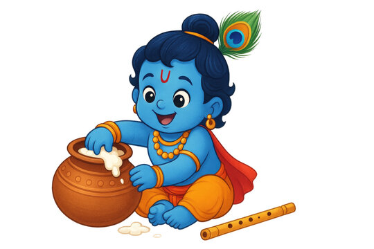 Cute baby Krishna cartoon illustration stealing butter from pot with peacock feather and flute in vibrant playful style isolated on white background