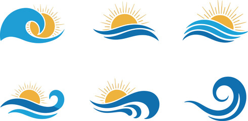 Naklejka premium Set of Sun and Sea Wave Logos - Vector Ocean Water and Sunshine Icons, Summer Holiday, Travel, Beach, Nature Symbols