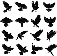 Set of Black Flying Bird Silhouette Icons in Various Poses Vector Illustration