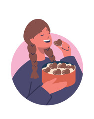 Young woman eating chocolate candies