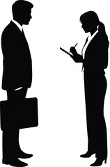 Silhouette of business man and woman discussing work with clipboard, perfect for corporate concepts, office themes and professional design projects
