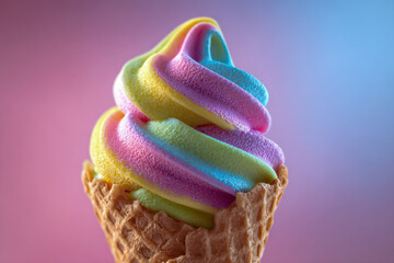 Colorful swirled frozen dessert in a crisp waffle cone against a soft gradient background blending pink and blue hues for a vibrant summer treat