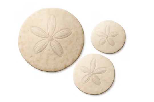 Sand dollars depicting star shapes, marine symbols representing beach, ocean, and tropical vacation themes on transparent background