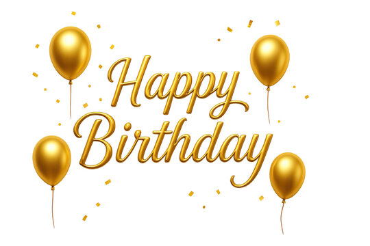 Elegant happy birthday greeting illustration with shiny golden balloons and festive confetti surrounding luxurious metallic lettering design isolated on white background