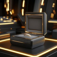 A luxurious ring box open on a sleek surface within a cyberpunk studio filled with glowing gold accents and deep black tones.
