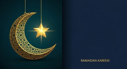 Ramadan Kareem illustration with golden crescent moon and star design