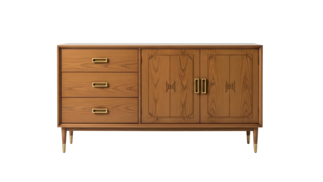 A mid-century modern wooden sideboard with drawers, doors, and brass hardware, on a dark backdrop