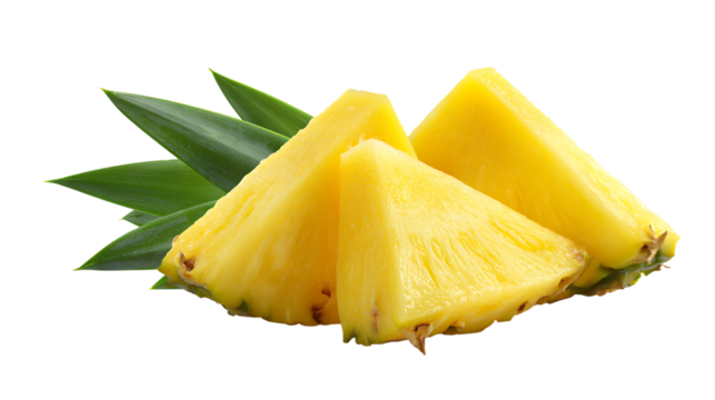 Fresh yellow pineapple wedges with green leaves, stacked and overlapping in a juicy close-up.