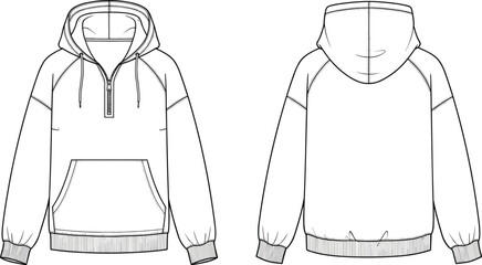 Half zip hoodie technical drawing, raglan sleeve sweatshirt fashion flat sketch, front and back view, cad vector illustration.