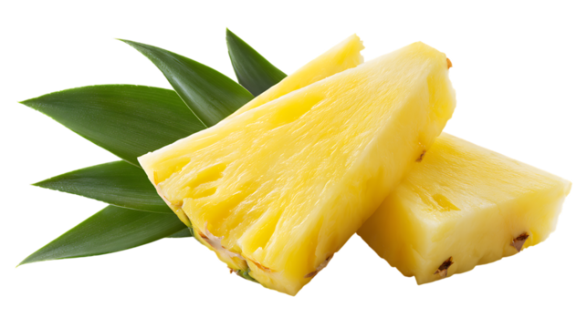 Fresh yellow pineapple wedges with green leaves, stacked and overlapping in a juicy close-up.