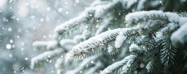 closeup of snowcovered fir branches in forest with falling snow background