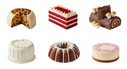 A collection of various delicious cakes including fruit cake, red velvet, yule log, white frosted, bundt, and cheesecake, isolated on transparent background