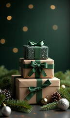 Festive stacked gifts adorned with ribbons and pine branches evoke holiday cheer against a dark green backdrop.
