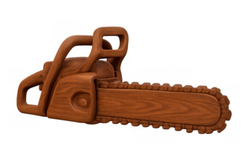 Wooden carved chainsaw on transparent background, artistic sculpture representing a powerful forestry tool and craftsmanship concept