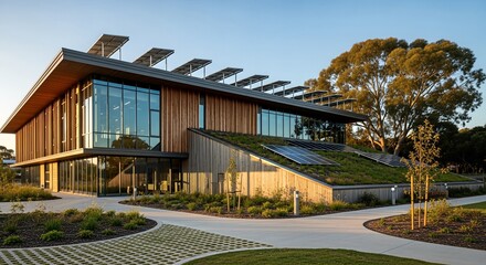 Modern Architectural Building with Green Roof and Landscaping.