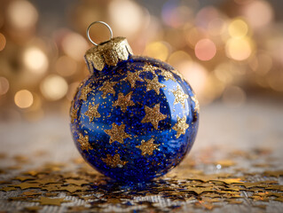 Elegant deep blue holiday ornament adorned with glittering gold stars resting on matching festive decorations with warm bokeh lights in the background