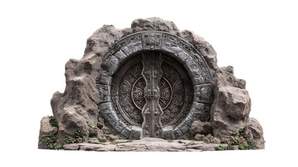 Ancient stone door isolated on transparent background, weathered and mysterious